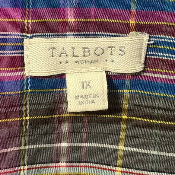 Talbots Woman 1X Plaid Shirt Roll Tab Sleeves Denim Trim Multicolor Cotton Plus - Picture 3 of 7